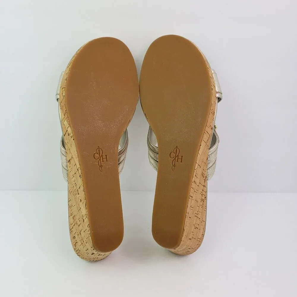 Cole Haan Womens Size 11 Gold Slip On 3 In Cork Wedge Platform Sandals